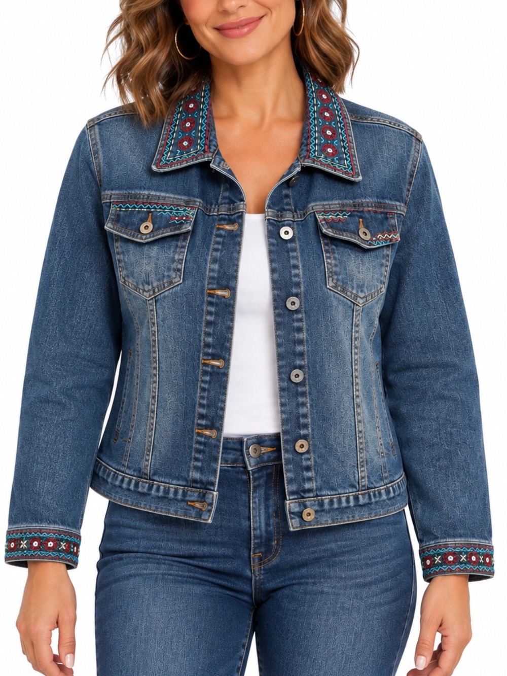 Susan Bristol Blue Denim Jean Jacket with Embroidered Trim Vintage